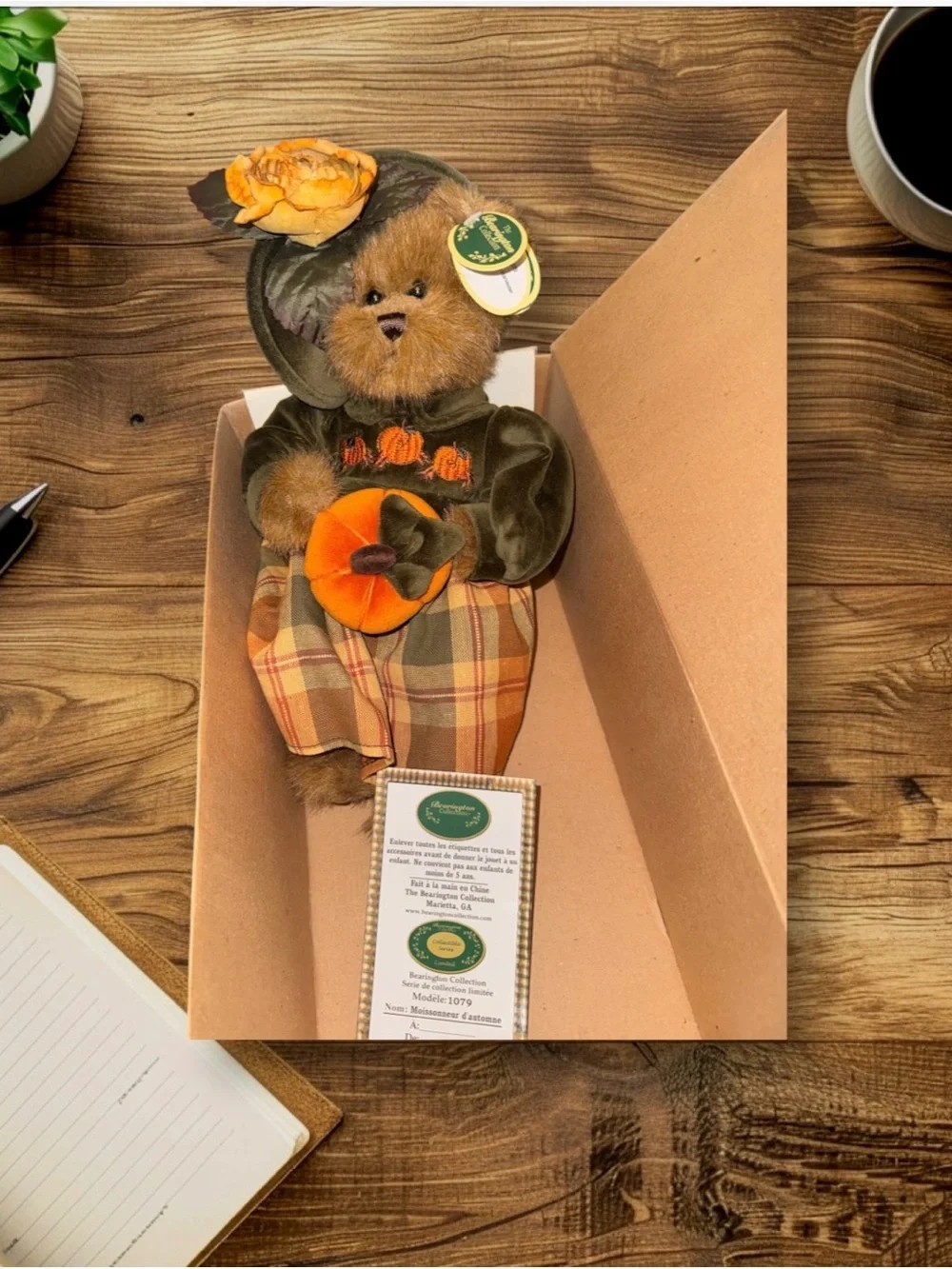 Fall Harvest Brown Plush Bear with Orange Pumpkin Accent Vintage Collection!!